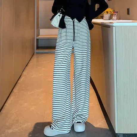 条纹高腰韩版阔腿拖地长裤女春秋洋气减龄宽松百搭直筒运动休闲裤图片