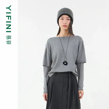[专柜同款]Yifini/易菲羊毛混纺双层袖假两件宽松圆领针织衫毛衫商品大图