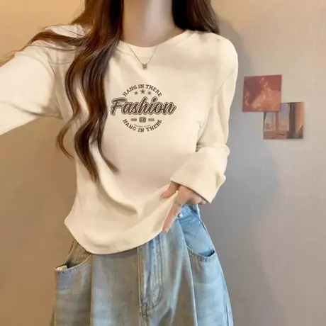 磨毛德绒印花秋冬新款正肩内搭加绒短款打底衫修身T恤女长袖上衣商品大图