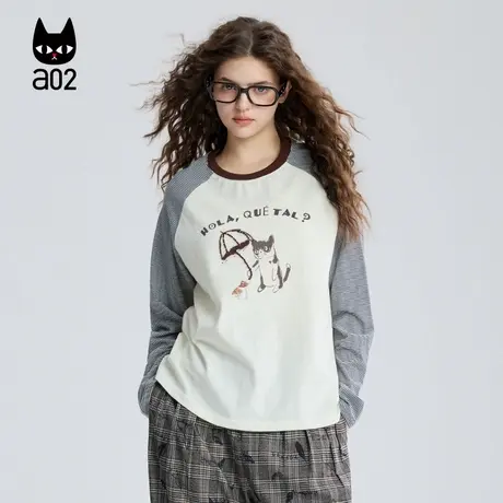 a02黑猫系列插肩袖宽松圆领长袖T恤女2025新款秋季打底衫上衣商品大图