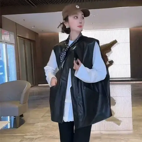欧货高级感黑色皮马甲女2025春装新款宽松休闲大版马夹背心外套潮商品大图