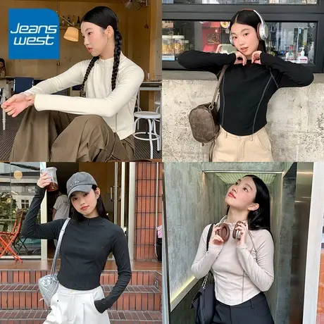 KV真维斯薄绒半开衫长袖t恤女款2025秋季新款修身显瘦立领打底衫商品大图