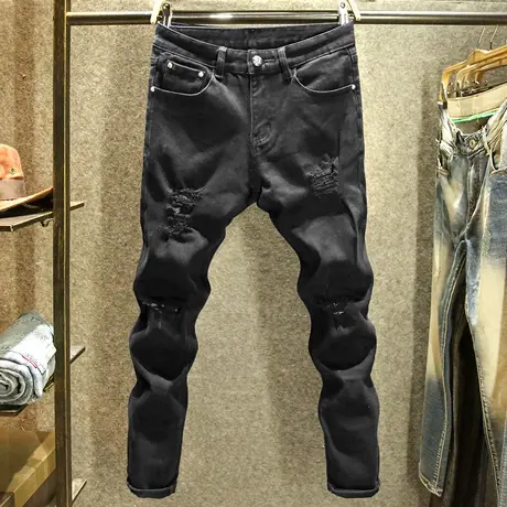 黑色潮牌破洞牛仔裤男款修身小脚裤时尚潮流韩版百搭秋冬裤子男厚商品大图