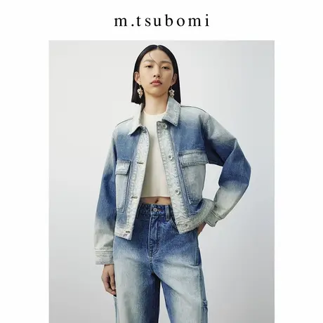 子苞米复古翻领短款牛仔夹克2024春新款宽松休闲做旧渐变色外套女商品大图