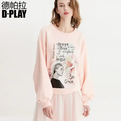 DPLAY德帕拉春款欧美浅粉色圆领灯笼袖印花卫衣休闲家居上衣商品大图
