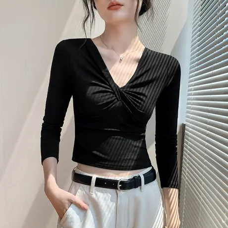 歌倍尚法式扭结长袖T恤女秋季新款黑色修身显瘦洋气小众内搭上衣商品大图