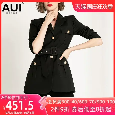 AUI黑色职业气质短款修身西装外套女2023秋冬新款欧美风垫肩西服图片