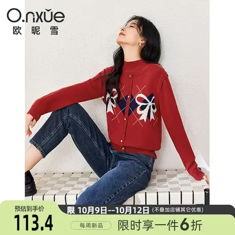 欧昵雪2023冬季新款休闲半高领蝴蝶结加厚毛衣女长袖宽松套头上衣图片