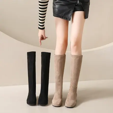 长筒靴女2023春秋季新款英伦风法式洋气瘦瘦靴粗跟高筒大码骑士靴图片