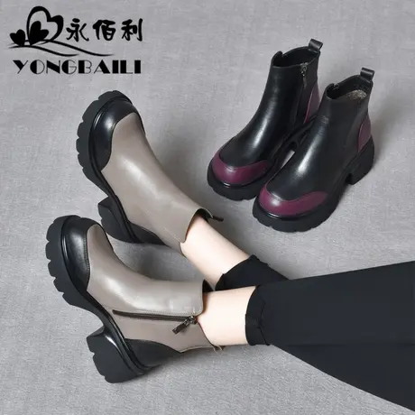 真皮厚底时装靴鞋子女2023冬新款粗跟短靴女靴子女马丁靴增高女鞋商品大图