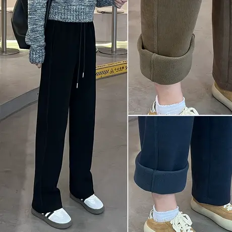 加绒窄版直筒裤女秋冬2023高腰垂感宽松雪尼尔加厚溜溜裤休闲裤子图片