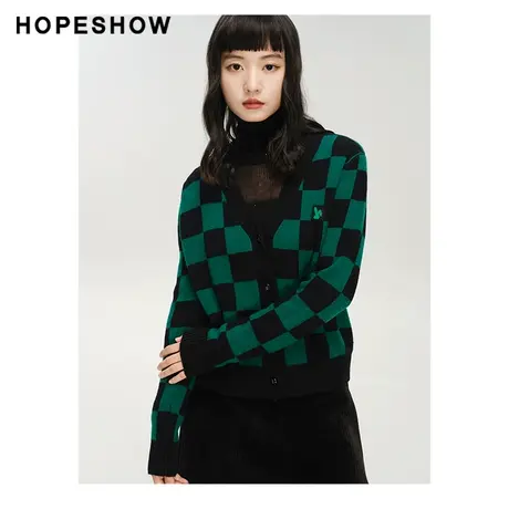 红袖outlets复古绿棋盘格针织衫hopeshow2023冬款V领休闲开衫女商品大图