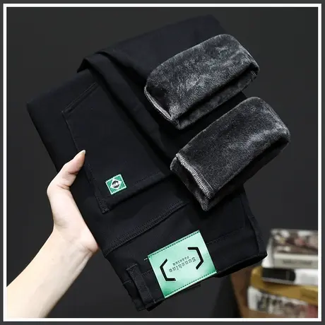 秋冬款加绒加厚黑色西裤冬季男款弹力小直筒防寒保暖休闲牛仔裤子商品大图