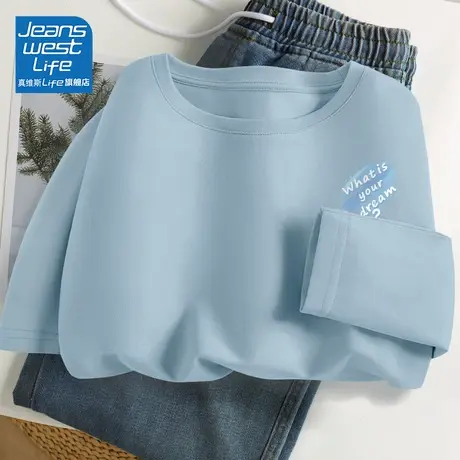 真维斯LIFE蓝色纯棉t恤女2024新款秋季薄款宽松休闲长袖上衣女装商品大图