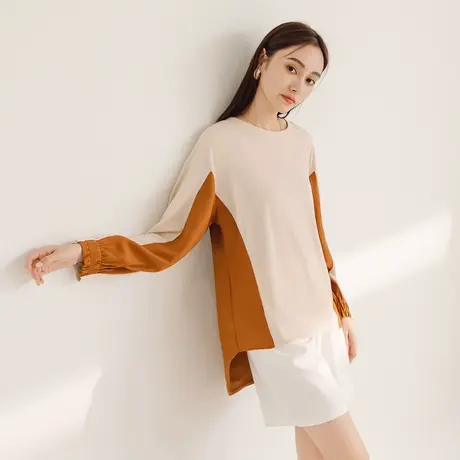 桔熊秋冬小众设计感拼色圆领宽松遮肉前短后长上衣女大码AB19016图片