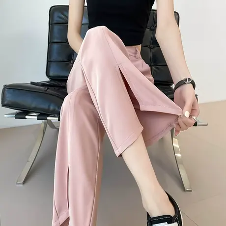 粉色九分开叉喇叭裤女夏季薄款高腰显瘦小个子休闲直筒微喇西装裤商品大图