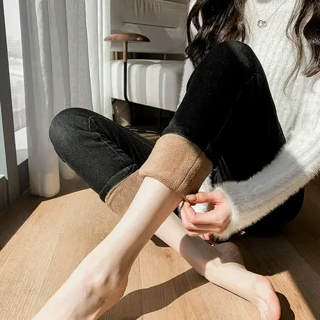 羊羔绒牛仔小脚裤女外穿秋冬高腰显瘦紧身黑色加绒加厚铅笔长裤子商品大图