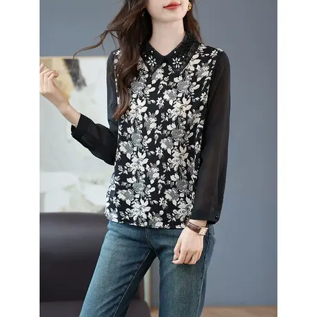 宝诗黎钉珠拼接印花长袖雪纺衫宽松套头衬衣女休闲上衣2024春秋季商品大图