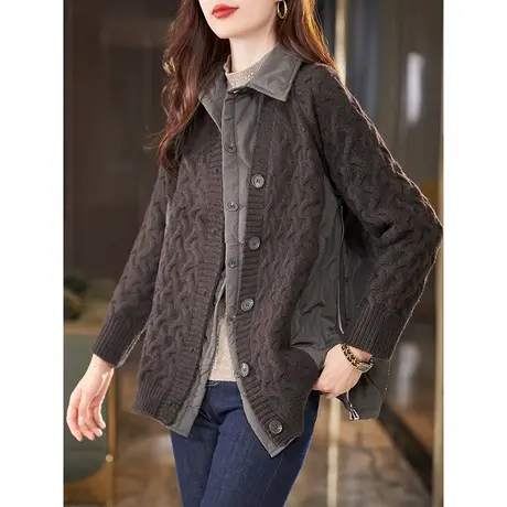 宝诗黎翻领针织拼接假两件棉服女单排扣开衫外套女2023秋冬季新款商品大图