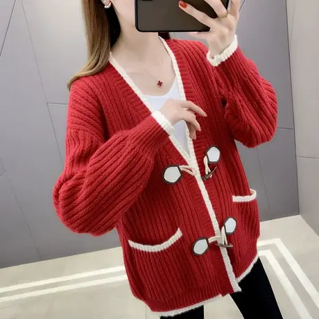 针织开衫女装宽松韩版春款2024年新款牛角扣毛衣外套春装上衣百搭商品大图