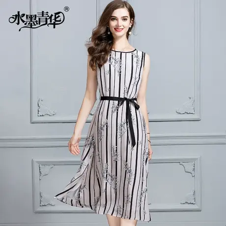 【1件7.9折】夏装新品时尚修身百搭中长款无袖裙印花真丝连衣裙商品大图