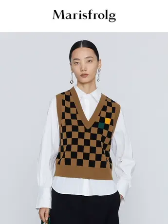 【言选好物】玛丝菲尔23秋季新款咖色复古棋盘格羊毛针织马甲商品大图