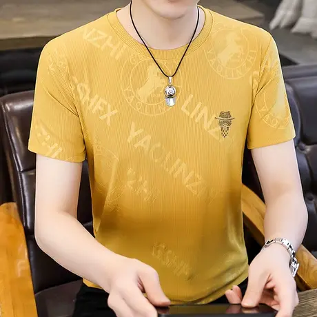 夏季圆领短袖T恤男士韩版修身潮青年冰丝卫衣套头烫钻休闲打底衫商品大图