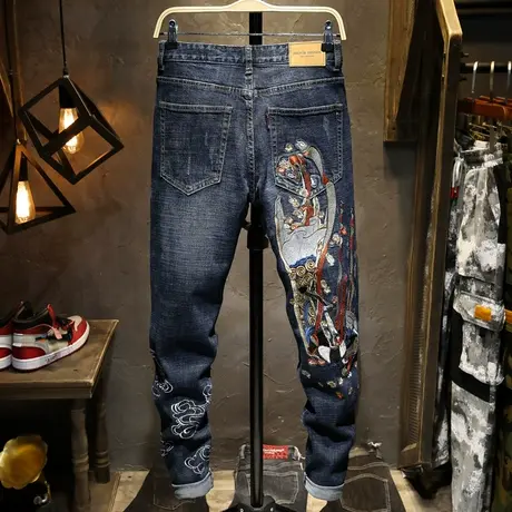 刺绣牛仔裤男潮牌夏季款宽松直筒男裤弹力修身小脚休闲男士裤子男商品大图