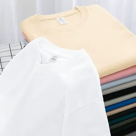 重磅纯棉男士短袖t恤女潮流宽松圆领纯色白色上衣服全棉半袖体恤商品大图