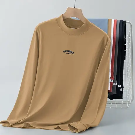 240g重磅纯棉长袖t恤男半高领内搭上衣服中领打底衫全棉秋衣小衫商品大图