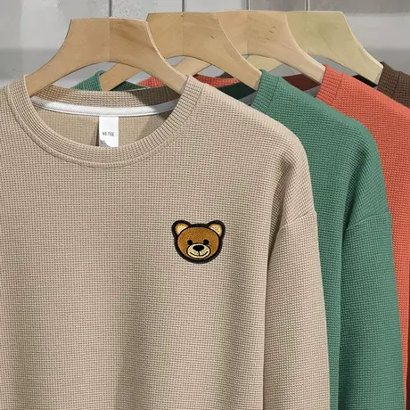 华夫格卫衣男2024新款秋季套头无帽上衣潮流宽松小熊圆领长袖t恤商品大图