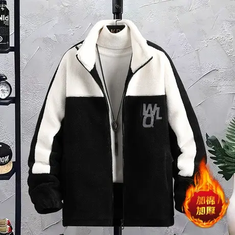 冬季潮牌撞色羊羔绒外套男冬季立领痞帅时尚潮流加绒加厚休闲棉服商品大图