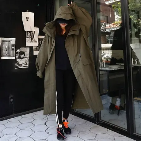 春秋新款外套风衣女中长款韩版宽松大码休闲工装潮bf连帽时尚上衣商品大图