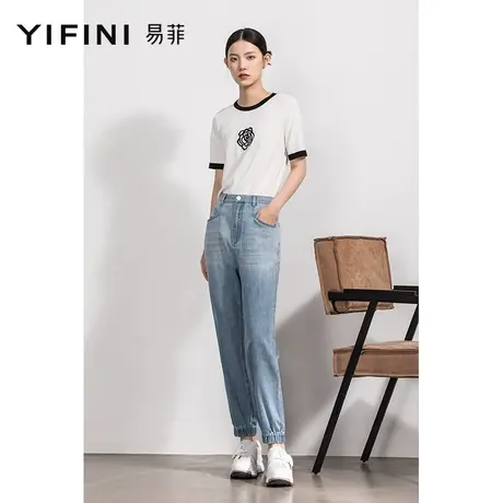 Yifini/易菲宽松束脚牛仔裤女春秋新款浅蓝色遮肉显瘦哈伦裤商品大图