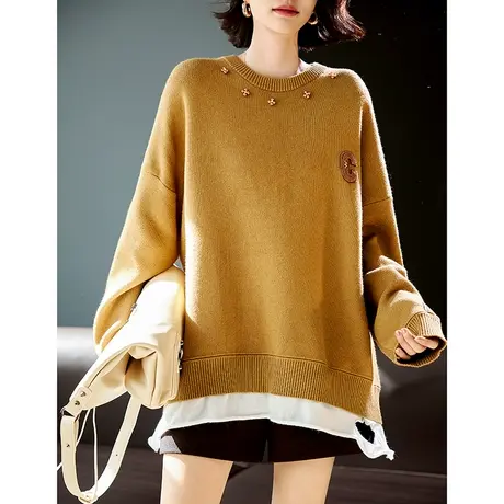 宝诗黎圆领假两件钉珠宽松毛衣女2023秋冬新款落肩长袖套头针织衫商品大图