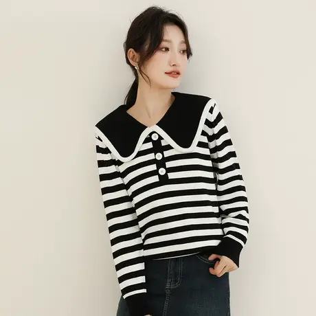 韩潮袭人韩版娃娃领针织衫女2023秋季新款休闲百搭条纹毛衣上衣图片