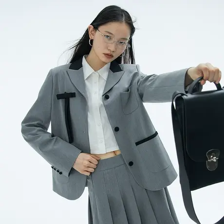 omont蛋挞家 灰色小西装外套女秋装新款2023高级感小个子短款外套商品大图