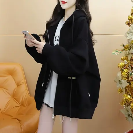 加绒加厚连帽卫衣开衫女2023新款秋冬宽松慵懒风百搭oversize外套商品大图