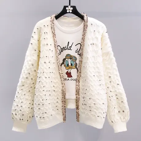 复古钉珠毛衣外套女秋冬2023新款宽松慵懒风设计感长袖针织开衫商品大图