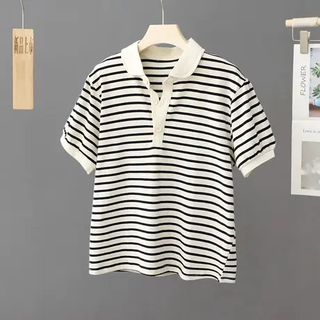 韩版翻领套头条纹短袖T恤女夏季2023年新款宽松休闲女装上衣体恤图片