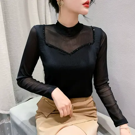 手工钉珠T恤女长袖2024秋新款半高领打底衫内搭性感镂空网纱上衣图片