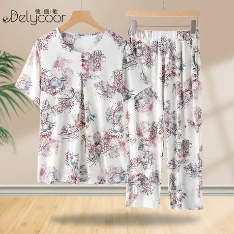 中年妈妈冰丝套装洋气夏季新款老年女装奶奶母亲碎花衣服短袖t恤商品大图