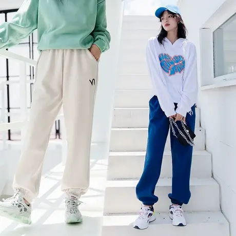 简约时尚加绒卫裤秋冬季女长宽棉质加厚休闲裤宽松抽绳垂感裤子图片