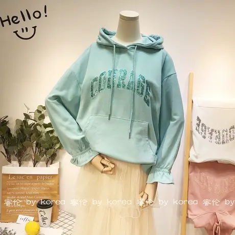 韩国东大门亮片卫衣2020秋季新版刺绣字母甜美休闲荷叶袖上衣宽松图片