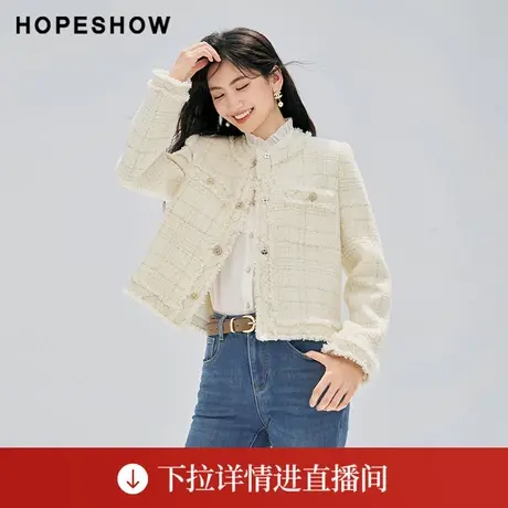 【直播专享】冬季香风毛边正肩单排扣圆领外套90123350408红袖商品大图