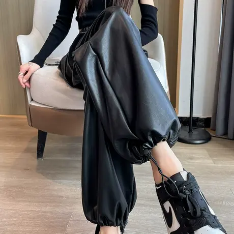 黑色工装皮裤女2024秋冬新款高腰束脚美式直筒PU皮加绒窄版阔腿裤图片