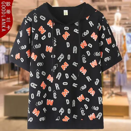 大码妈妈装夏季纯棉t恤上衣宽松百搭时尚印花中年人连帽短袖T恤女商品大图