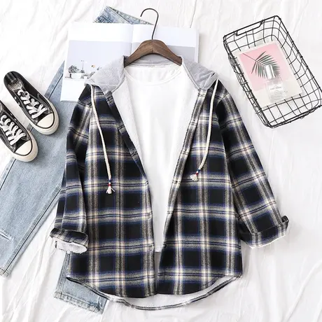 秋冬款连帽加绒格子衬衫女宽松韩版长袖磨毛保暖加厚衬衣港风外套图片