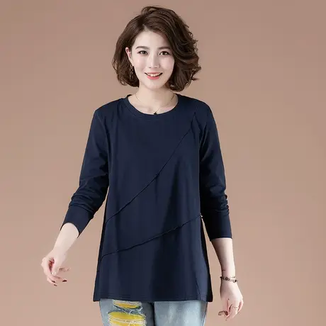 春季加肥加大码女装宽松中长款打底衫体恤全棉显瘦遮肚子长袖T恤商品大图