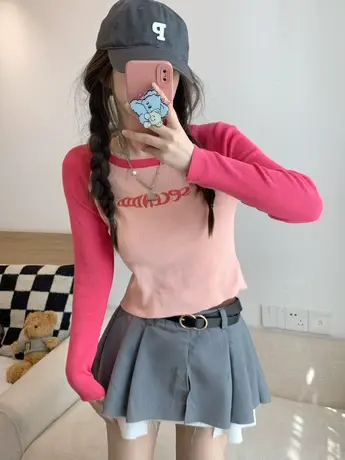 2024秋季新款正肩T恤女长袖字母刺绣薄款打底衫内搭修身显瘦上衣商品大图